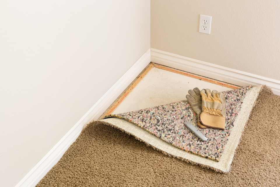 pulling up old carpet and carpet padding along baseboards with knife and gloves